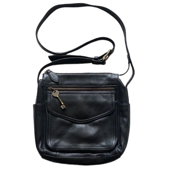 Vintage Fossil 1954 Black Leather Crossbody Organizer Bag 75082 Moto Biker Style - Picture 1 of 15